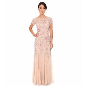 ADRIANNA PAPELL FLORAL BEADED GODET GOWN BLUSH PNK